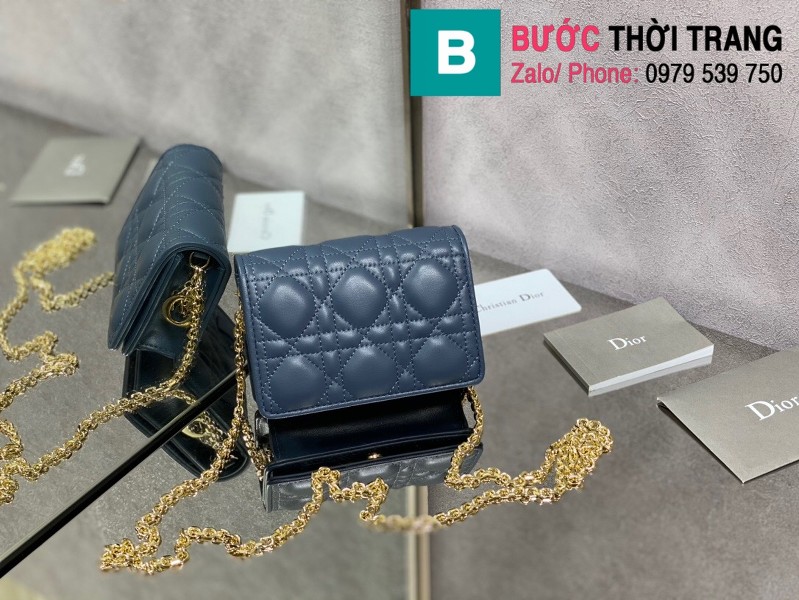 Túi xách Lady Dior Nano Pouck siêu cấp da bê màu xanh đậm size 13.5cm -D6401