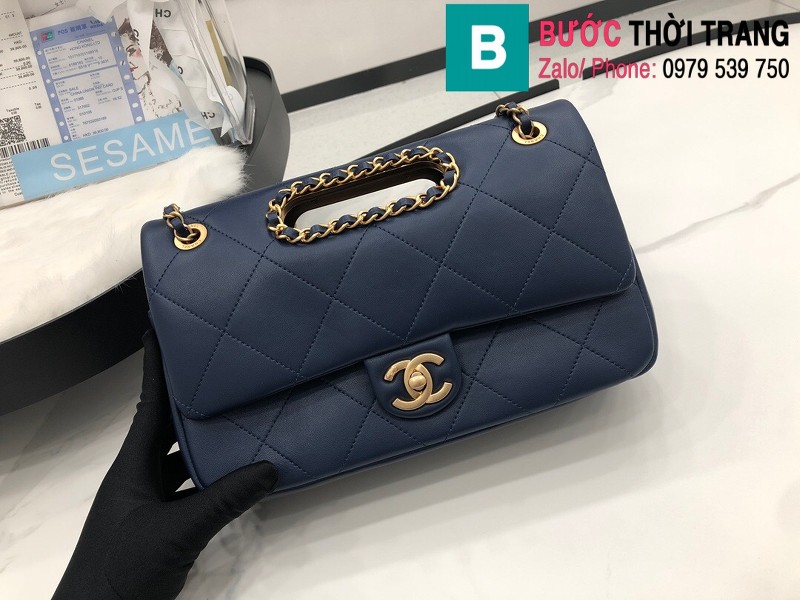 Túi xách Chanel Small Plap bag siêu cấp da cừu màu xanh đen size 26cm - AS1466