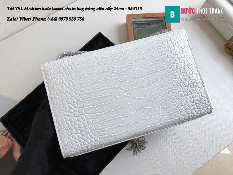 Túi YSL Medium kate tassel chain màu trắng tag bạc dập vân cá sấu 24cm - 354119